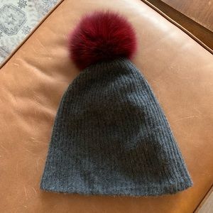 White + Warren Grey Cashmere Ribbed Pom Pom Beanie